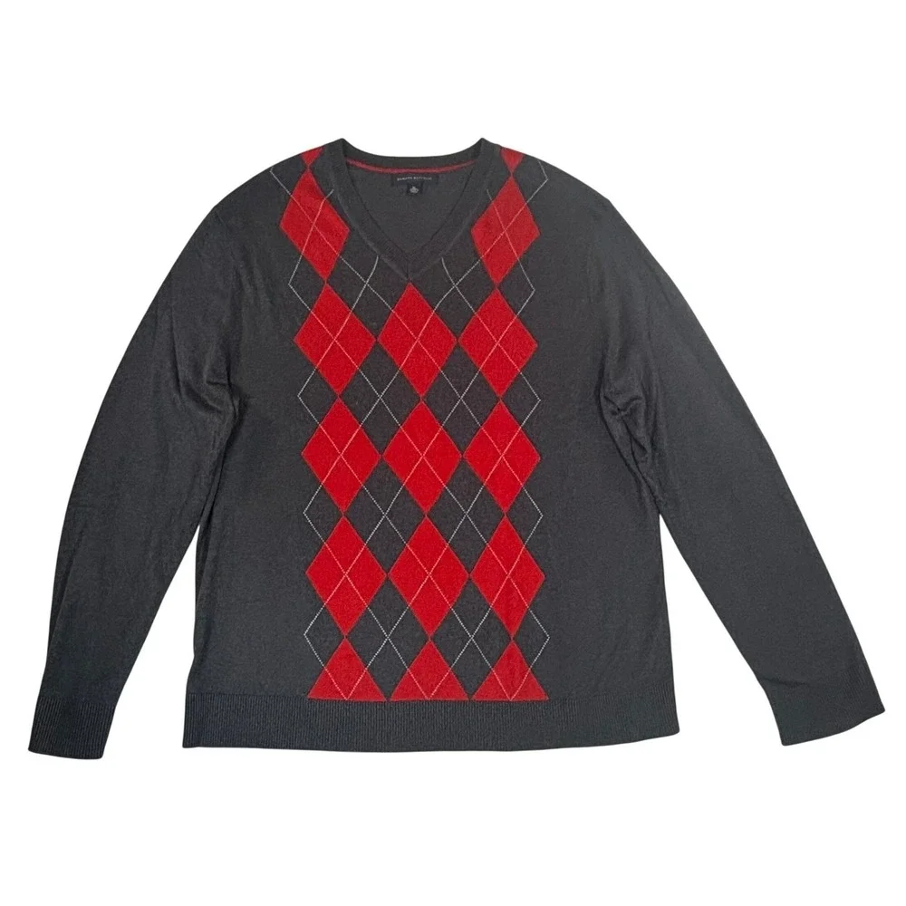 Banana Republic Mens Argyle V Neck Sweater Gray Red Silk Cashmere XL 1375